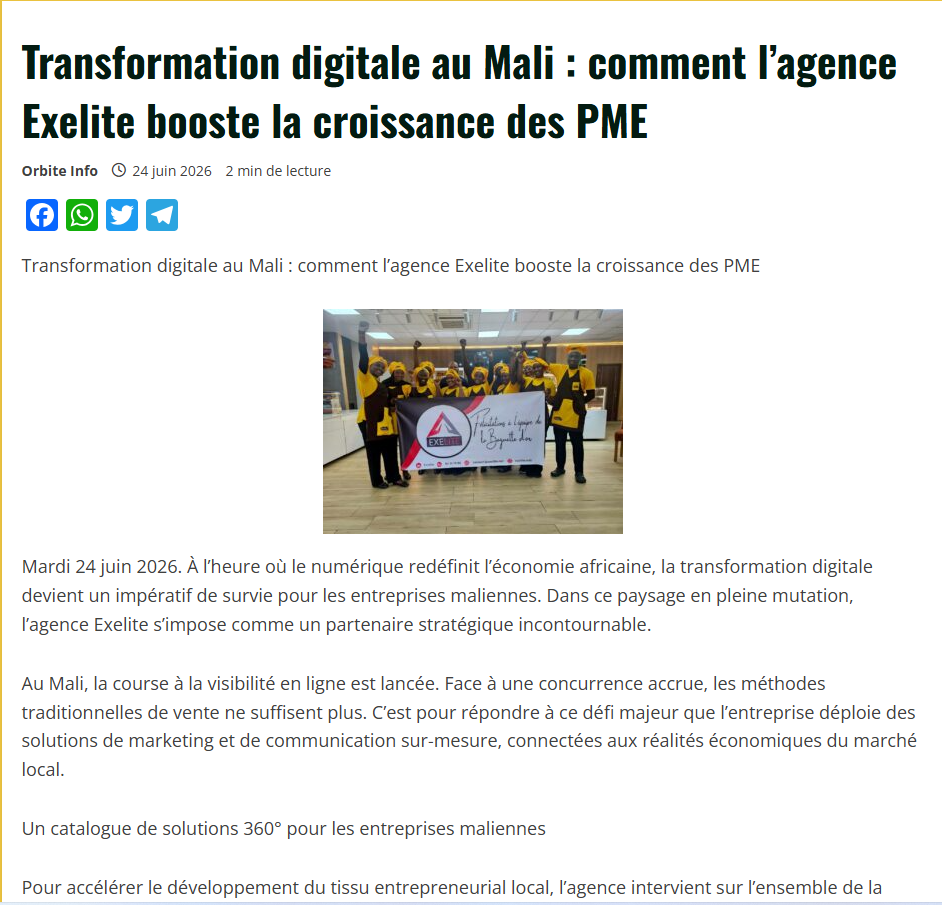 Capture de l'article Transformation digitale au Mali : comment l'agence Exelite booste la croissance des PME