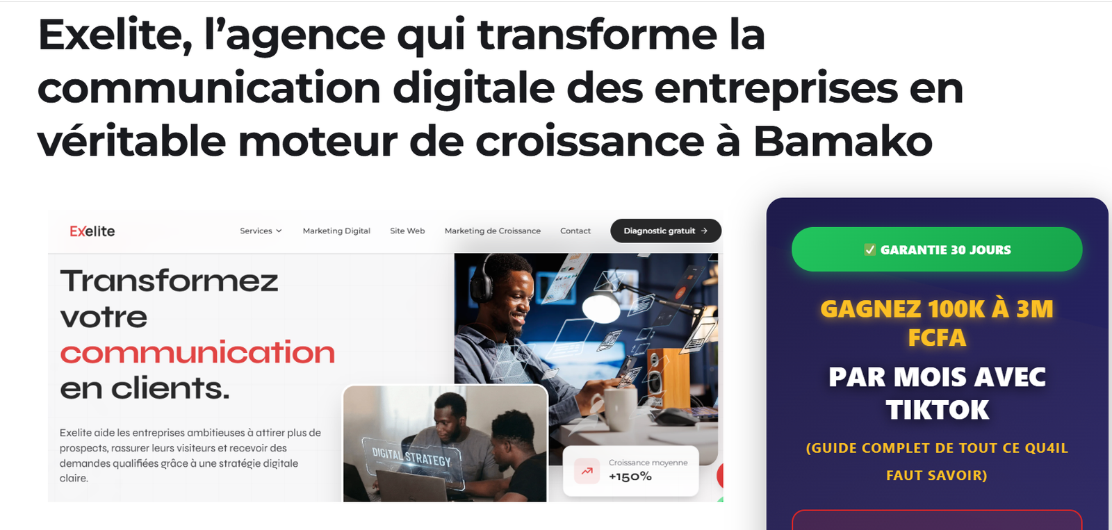 Capture de l'article Exelite, l'agence qui transforme la communication digitale des entreprises à Bamako